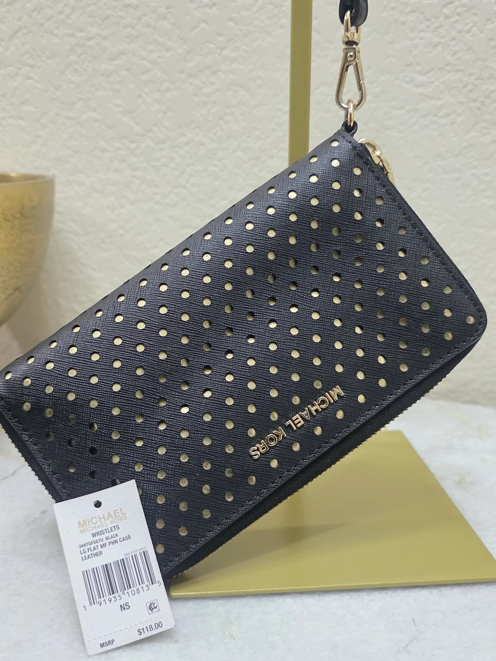 Michael Kors Jet Set Perforated Continental Wristlet Wallet Black Gold